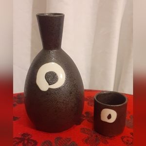 Sake Set for One, Black with White, Salt Glaze (Orangepeel Texture) MCI Japan